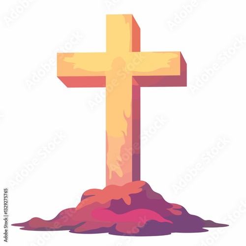 Symbolic resurrection cross on colorful ground, spiritual rebirth