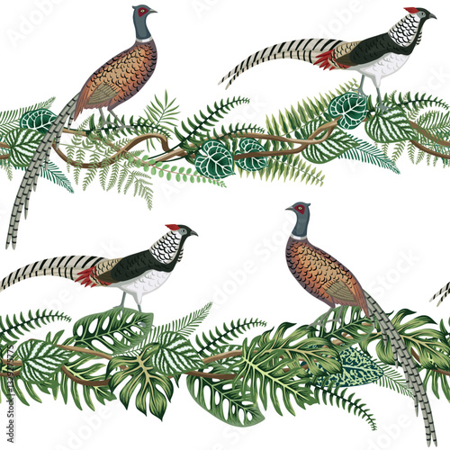 Tropical leaves, liana, pheasant bird seamless pattern. Botanical floral wallpaper.