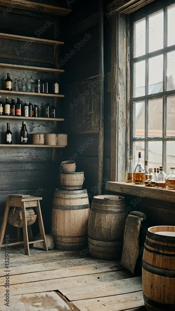 Rustic interior of an old distillery with wooden barrels and bottles in natural light Rustic interior of an old distillery with wooden barrels and bottles in natural light