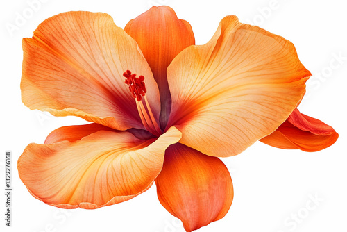 Photograph of an orange Canna lily flower, approximately 1 micron in size, with a red center on a white background, captured with natural lighting at a low angle to showcase the full bloom with no lea