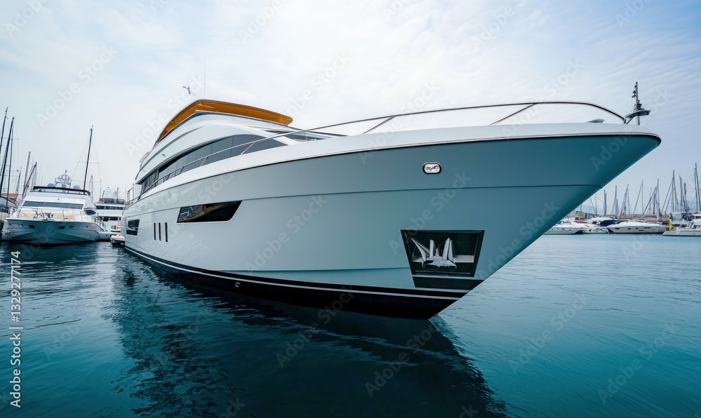 A modern white yacht is moored in a tranquil marina, reflecting in the azure water. A modern white yacht is moored in a tranquil marina, reflecting in the azure water.