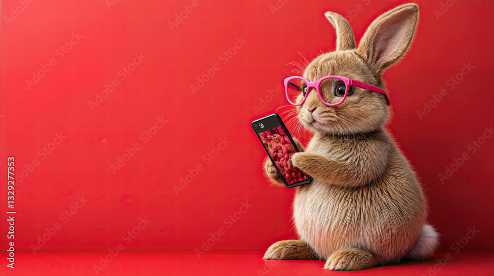 A fluffy bunny, wearing stylish pink glasses, holds a phone, seemingly engrossed in a captivating image.