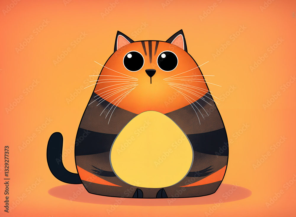 A plump, orange and black cartoon cat, with large, expressive eyes, sits serenely.