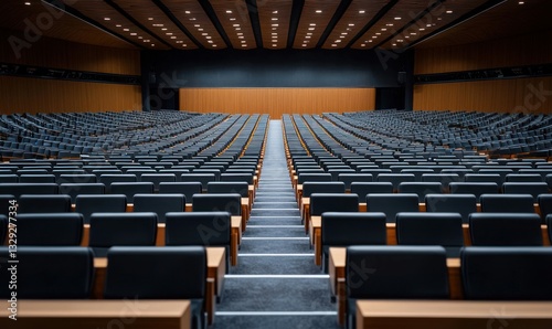 A spacious and empty conference hall with rows of seating awaits its next event or presentation.
