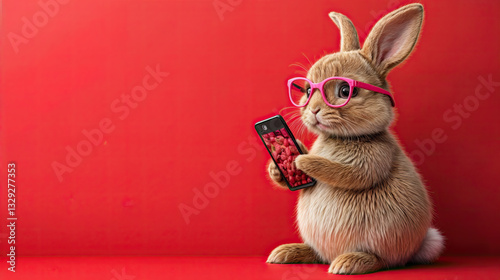 A fluffy bunny, wearing stylish pink glasses, holds a phone, seemingly engrossed in a captivating image.