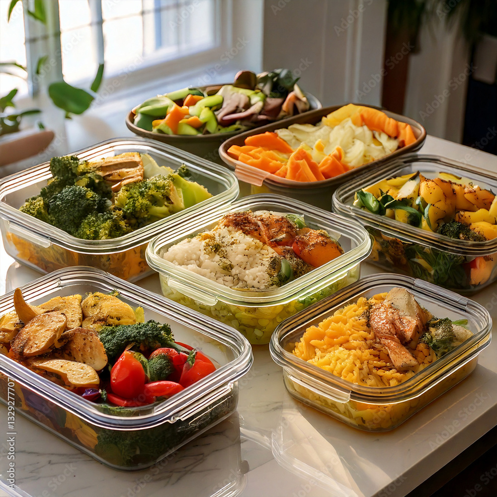 Well-organized meal prep setup with nutritious meals
