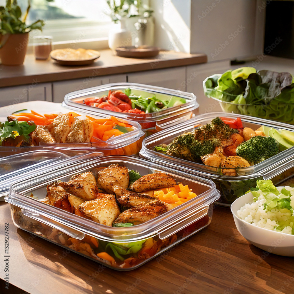 Well-organized meal prep setup with nutritious meals
