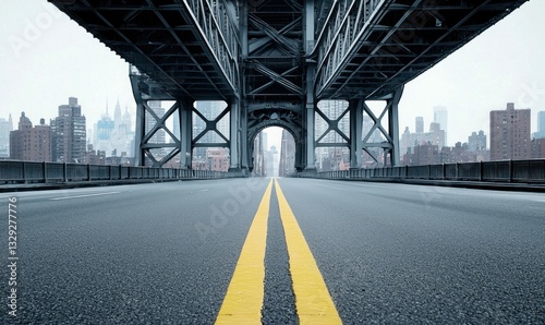 Looking over Manhattan Bridge toward the city skyline on a cloudy day in New York.