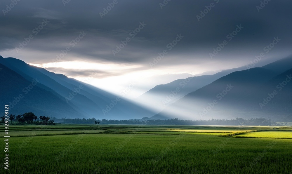 Fototapeta premium Sunbeams pierce through the clouds over vast rice fields nestled between majestic mountains.