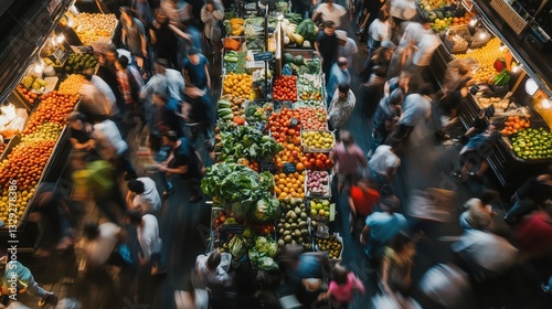 Overhead view of a bustling food market with fresh vegetables and fruits, surrounded by a moving crowd of shoppers