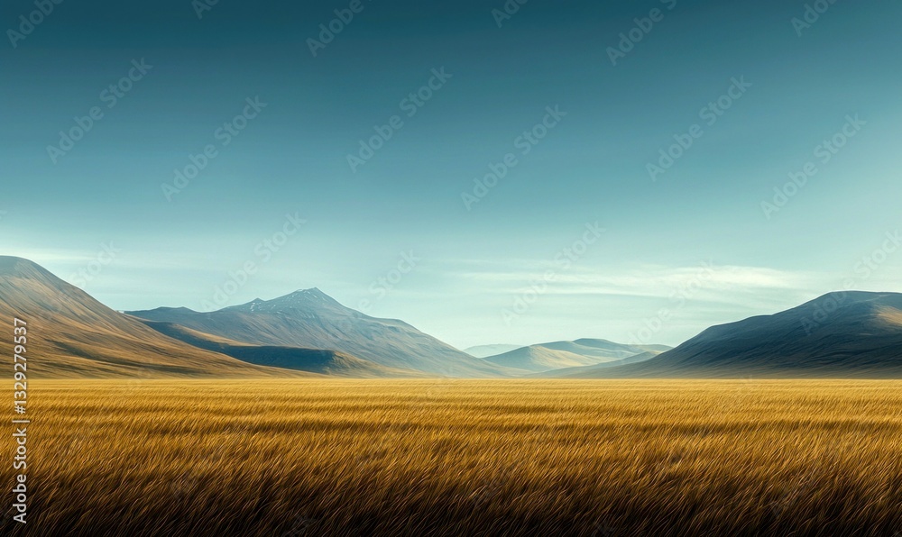 Obraz premium Golden wheat field extends to the rolling hills under a serene sky, creating a peaceful landscape.