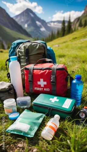 A well-equipped first aid kit and supplies laid out on grass in a mountainous area, suggesting preparedness for outdoor activities.