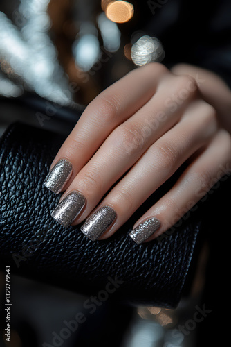 A graceful hand adorned with dazzling silver nails gently rests on a textured black clutch, capturing a moment of elegance and style.