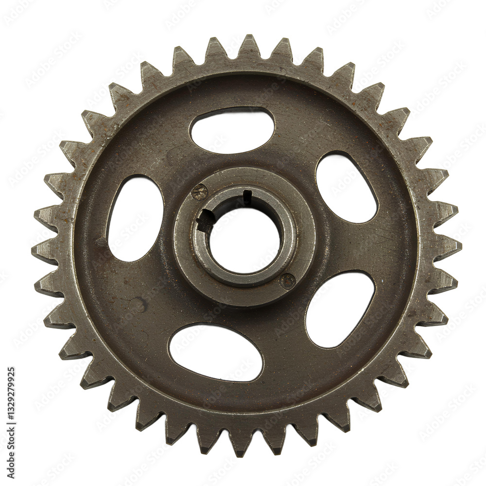 A metallic gear with evenly spaced teeth and hollow cutouts, designed for mechanical systems and industrial machinery. A metallic gear with evenly spaced teeth and hollow cutouts, designed for mechanical systems and industrial machinery.