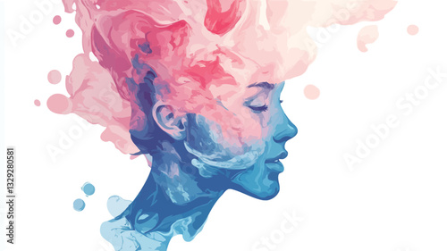 The image is a digital illustration or painting depicting the profile of a woman's face. Her hair or head is depicted as a swirling mass of pastel pink, blue, and white colors, resembling fluid