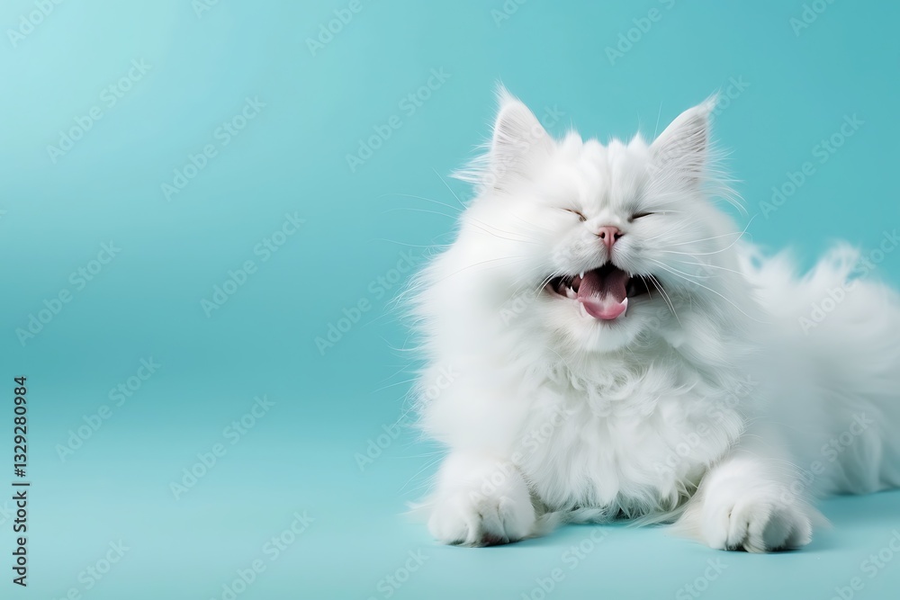 Happy, fluffy white dog with tongue out, isolated on a pastel blue background. Concept with copy space, in a flat lay, studio shot, and close-up. Happy, fluffy white dog with tongue out, isolated on a pastel blue background. Concept with copy space, in a flat lay, studio shot, and close-up.