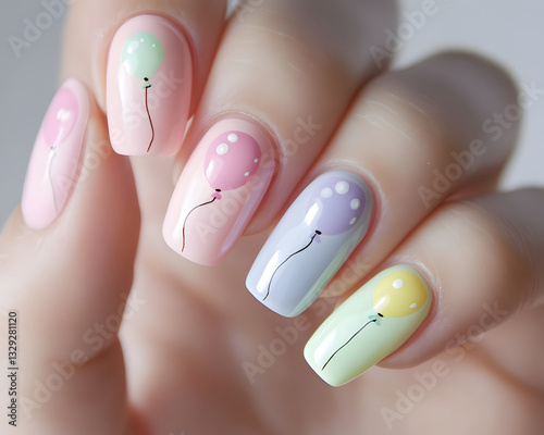 Delicate pastel nails adorned with charming balloon designs, radiating joy and creativity, perfect for celebrations.