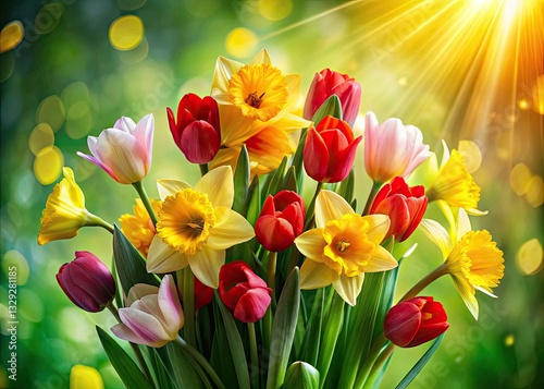 Close-up of a daffodil and tulip bouquet, spring's radiant colors captured with exceptional depth of field.