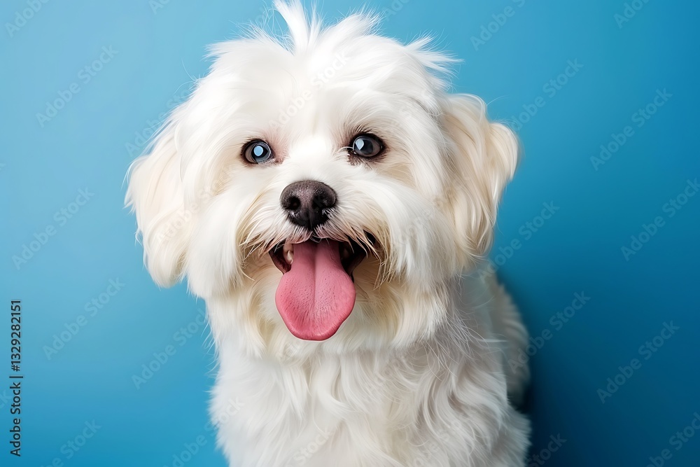 Happy, fluffy white dog with tongue out, isolated on a pastel blue background. Concept with copy space, in a flat lay, studio shot, and close-up. Happy, fluffy white dog with tongue out, isolated on a pastel blue background. Concept with copy space, in a flat lay, studio shot, and close-up.