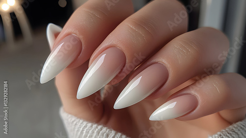 A close-up of impeccably styled almond-shaped nails, showcasing a graceful gradient from nude to white, symbolizing modern elegance. photo