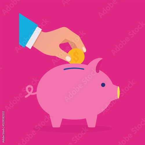 Saving Money Hand Putting Coin into Pink Piggy Bank Illustration