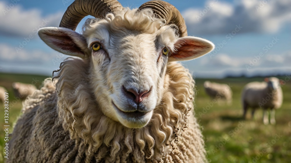Ram with curved horns standing in green field with flock behind Ram with curved horns standing in green field with flock behind