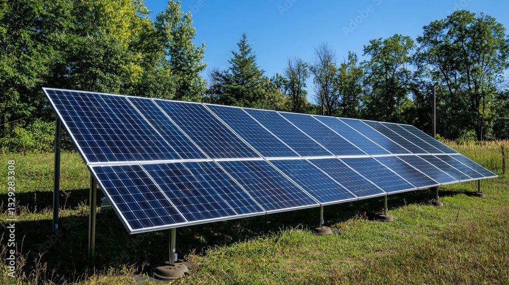 Close-up view of solar panel highlighting photovoltaic cells and modern design against clear blue sky Close-up view of solar panel highlighting photovoltaic cells and modern design against clear blue sky