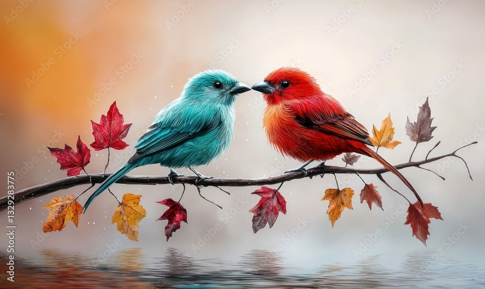 Fototapeta premium A captivating scene featuring two vividly colored birds perched on a leafy branch over water.