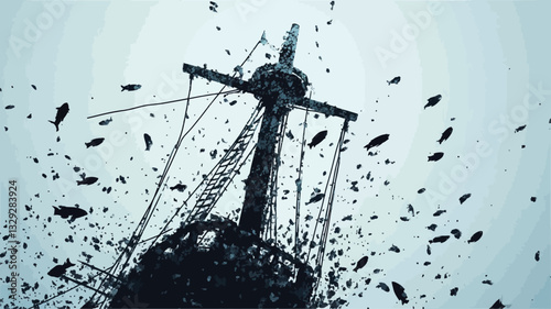 The image is a monochrome, close-up shot of a stylized shipwreck silhouette. The focus is on the ship's mast and rigging, with the rest of the hull partially obscured.  Numerous small, dark shapes,