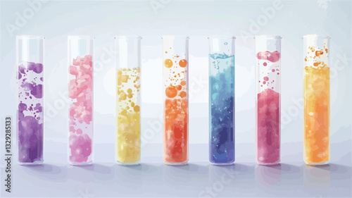 The image shows seven transparent test tubes arranged in a row against a light gray background. Each test tube contains a different brightly colored liquid, exhibiting varying levels of