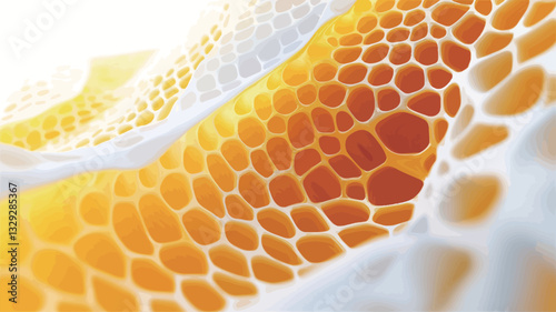 Close-up view of an abstract honeycomb pattern rendered in shades of golden yellow and white.  The pattern displays a three-dimensional, undulating form, with the honeycomb cells smoothly