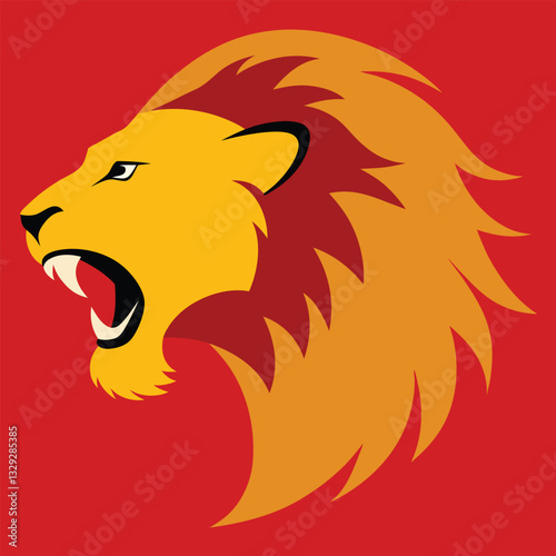 Lion head, profile view, roaring, stylized, geometric, minimalist design, vibrant yellow and red colors, bold graphic illustration, fierce expression,