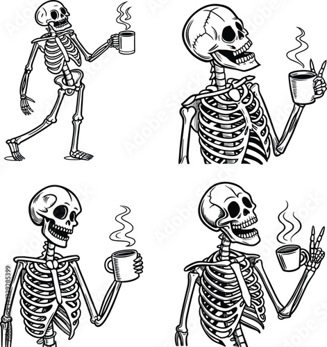 spooky, skeleton, dead, horror, illustration, skull, Halloween, vector, death, human, coffee, mug, creepy, cup, drink, caffeine, holding, hot, vintage, holiday, body, character, anatomy, quirky, skele