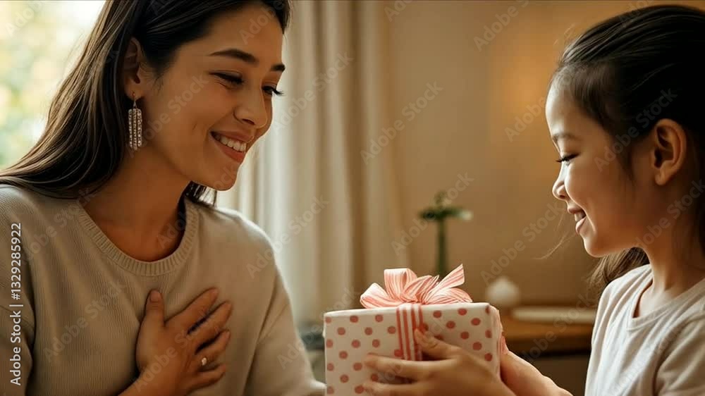 A heartwarming scene of a little girl handing a beautifully wrapped gift box to her mother, the mother is happy, happy Mother's Day. generative ai. A heartwarming scene of a little girl handing a beautifully wrapped gift box to her mother, the mother is happy, happy Mother's Day. generative ai.
