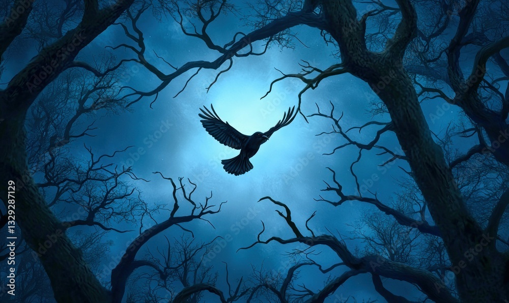 Fototapeta premium A black raven flies through the eerie, blue-lit forest at night, silhouetted against the moon.