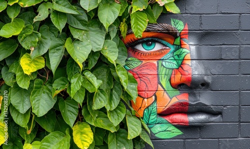 A vibrant floral mural of a woman's face is partly hidden by lush green ivy on a brick wall.