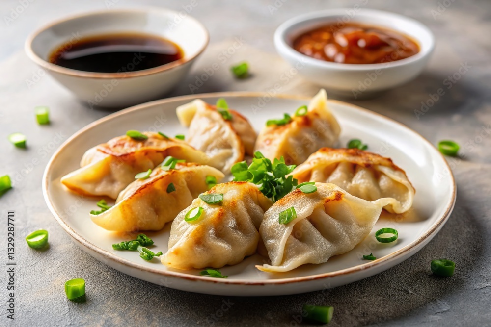 Elegant Gyoza Plate: Pan-fried Dumplings with Soy Sauce & Green Onions Elegant Gyoza Plate: Pan-fried Dumplings with Soy Sauce & Green Onions