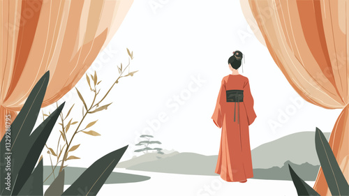 A digital illustration depicting the back of a woman wearing an orange kimono. She stands between slightly parted orange curtains, facing a minimalist landscape suggestive of East Asian scenery.