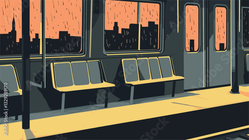 Stylized illustration depicting the interior of a subway car.  The scene is set at dusk or evening, with rain visible outside the windows. The cityscape is visible through the rain-streaked