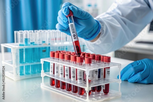 A laboratory technician places a blood sample into a rack of test tubes, showcasing the process of medical testing and analysis.