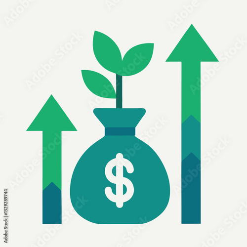 Green financial growth, money plant in bag, upward arrows, minimalist icon design, flat illustration, economic prosperity symbol, investment growth concept, white background, teal and emerald colors, 
