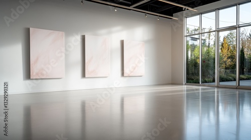 This image depicts a contemporary art gallery that features soft pink abstract artworks  offering an elegant space suited for reflection and a calming visit.