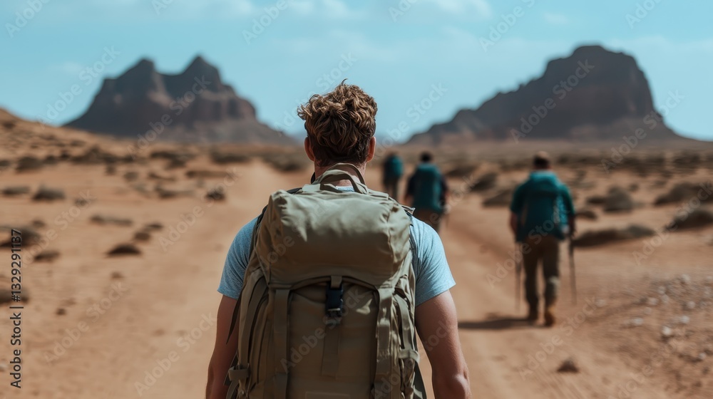 A determined hiker strides confidently down a dirt path in a sunlit desert, flanked by towering rocky mountains, symbolizing adventure and exploration in the great outdoors. A determined hiker strides confidently down a dirt path in a sunlit desert, flanked by towering rocky mountains, symbolizing adventure and exploration in the great outdoors.