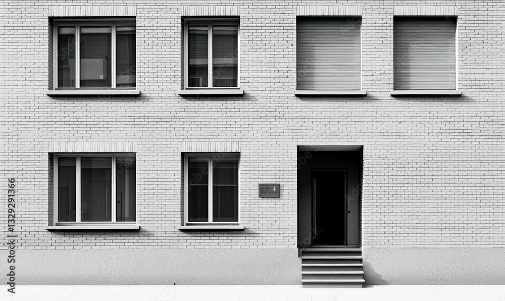 An architectural facade in monochrome featuring windows, shades, a door, and steps in a minimalist design. An architectural facade in monochrome featuring windows, shades, a door, and steps in a minimalist design.