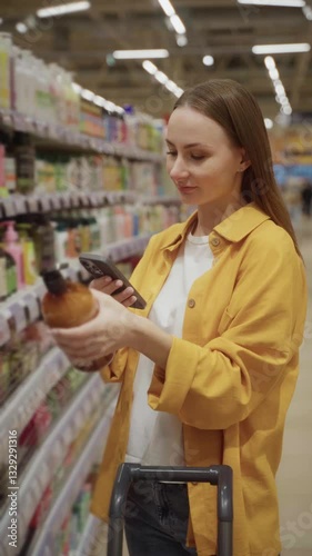 Wallpaper Mural A woman examines various shower gels on the shelf in a grocery store. She carefully picks up and scans the products, showcasing her shopping experience during the busy daytime hours. Torontodigital.ca