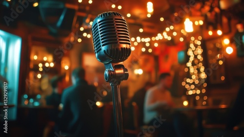Vintage Microphone in a Cozy Bar with Warm Lights and a Lively Atmosphere