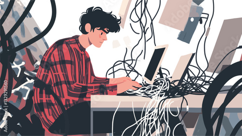 A stylized vector illustration depicting a young person with dark hair wearing a red and black plaid shirt seated at a desk.  The person is actively engaged with a computer, which is heavily