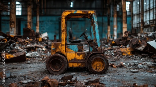 A vintage yellow forklift stands in a decaying warehouse, highlighting the contrast between neglect and once vital machinery, evoking feelings of abandonment and nostalgia. photo