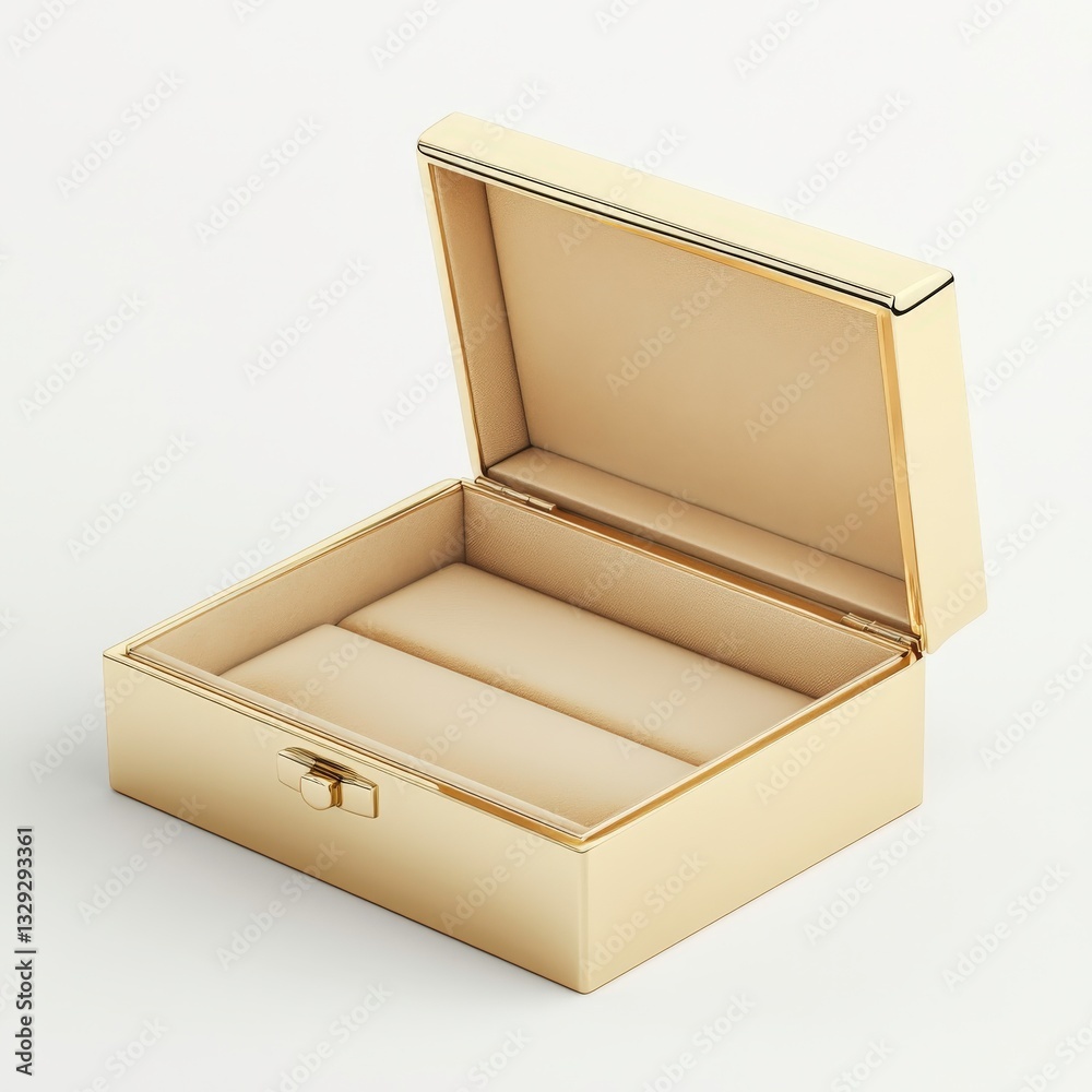 A luxurious, champagne gold jewellery box with soft satin lining sits open, its shimmering surface and empty interior radiating refined elegance. A luxurious, champagne gold jewellery box with soft satin lining sits open, its shimmering surface and empty interior radiating refined elegance.