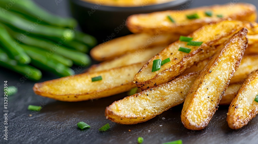Golden Potato Wedges Pile Topped with Chives Served with Green Beans Golden Potato Wedges Pile Topped with Chives Served with Green Beans